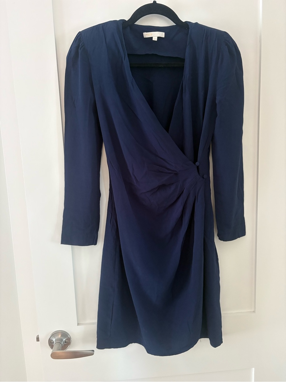 Maje Renie V-neck long-sleeve wrap dress navy blue crepe viscose sz 1 (small)